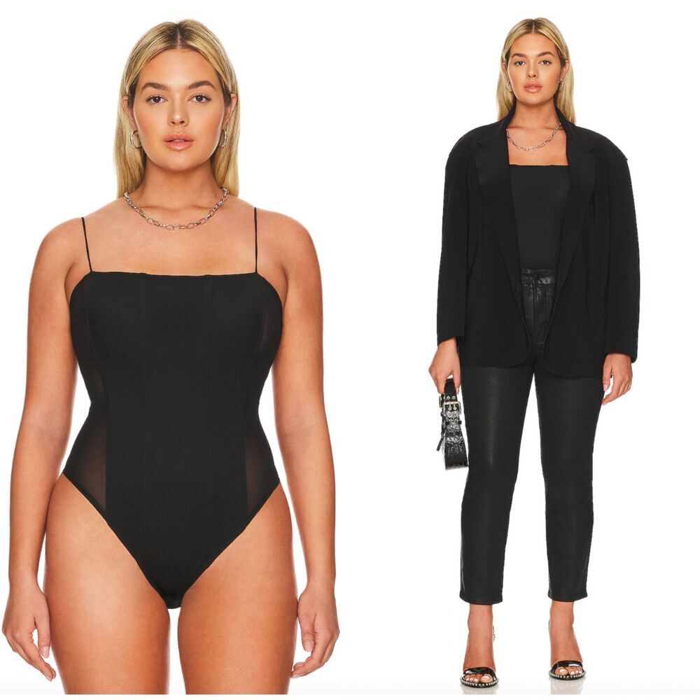 Good American Womens Mesh Mix Corset Bodysuit Black Size 7 /‎ 4XL NWT